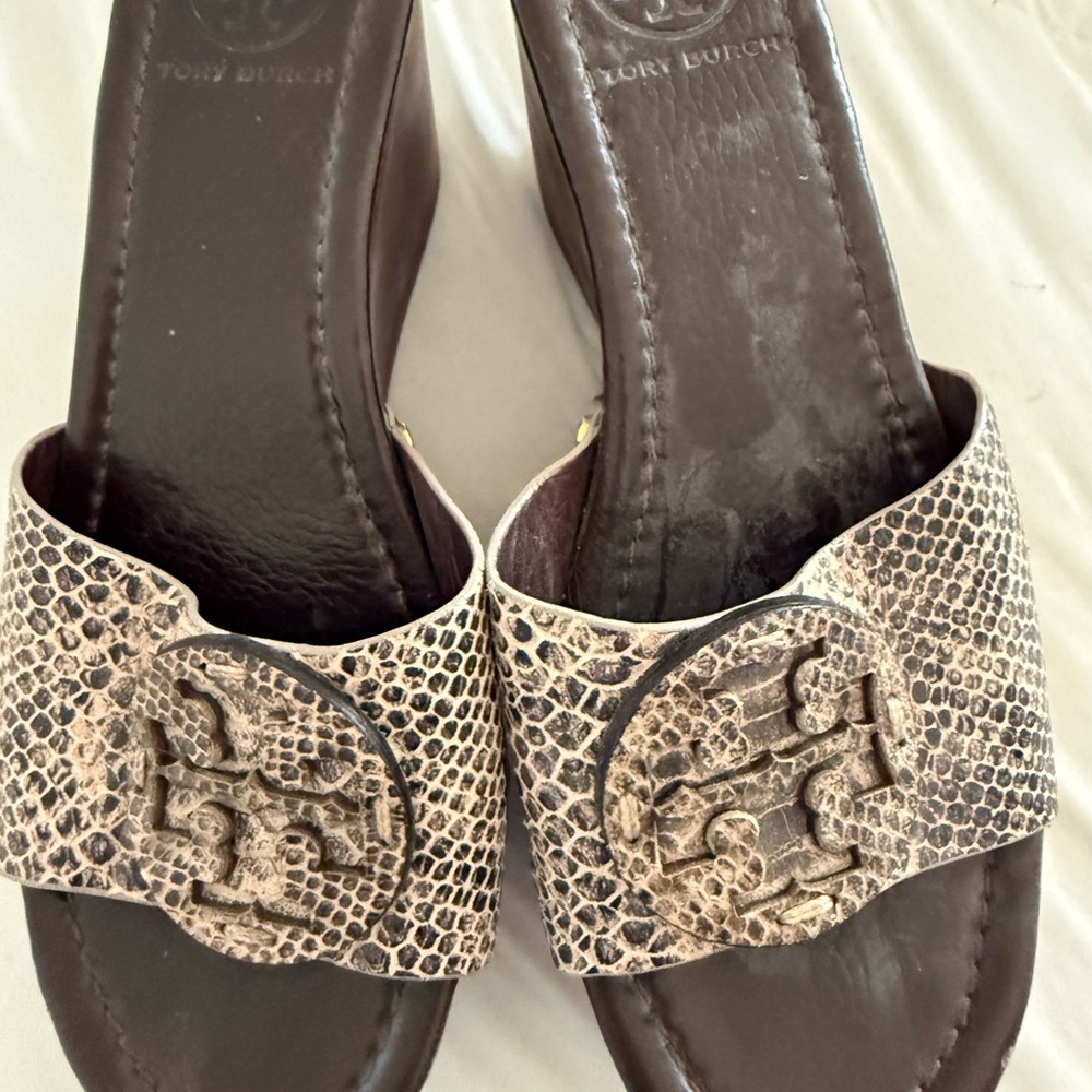Tory Burch Brown Leather Slides with Snakeskin-Print Strap and Logo